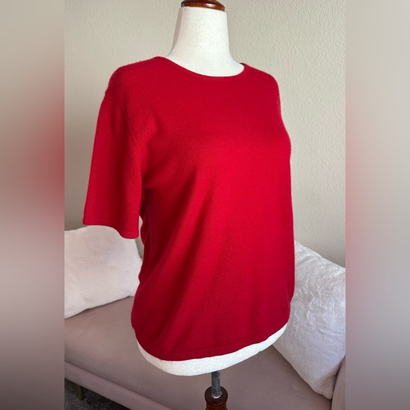 Lands End Sweater 100% Cashmere Vibrant Red Short Sleeve Womens M Preppy Classic - Picture 3 of 8